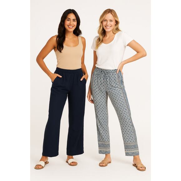 Lot of 2 Women’s Casual Pants – Love Tree Navy & Boho Print Elastic Waist - Picture 1 of 7